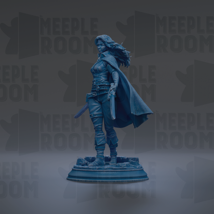 A statue of a woman with long hair and a cape, holding a sword, standing on a pedestal against a dark background with repeated text.