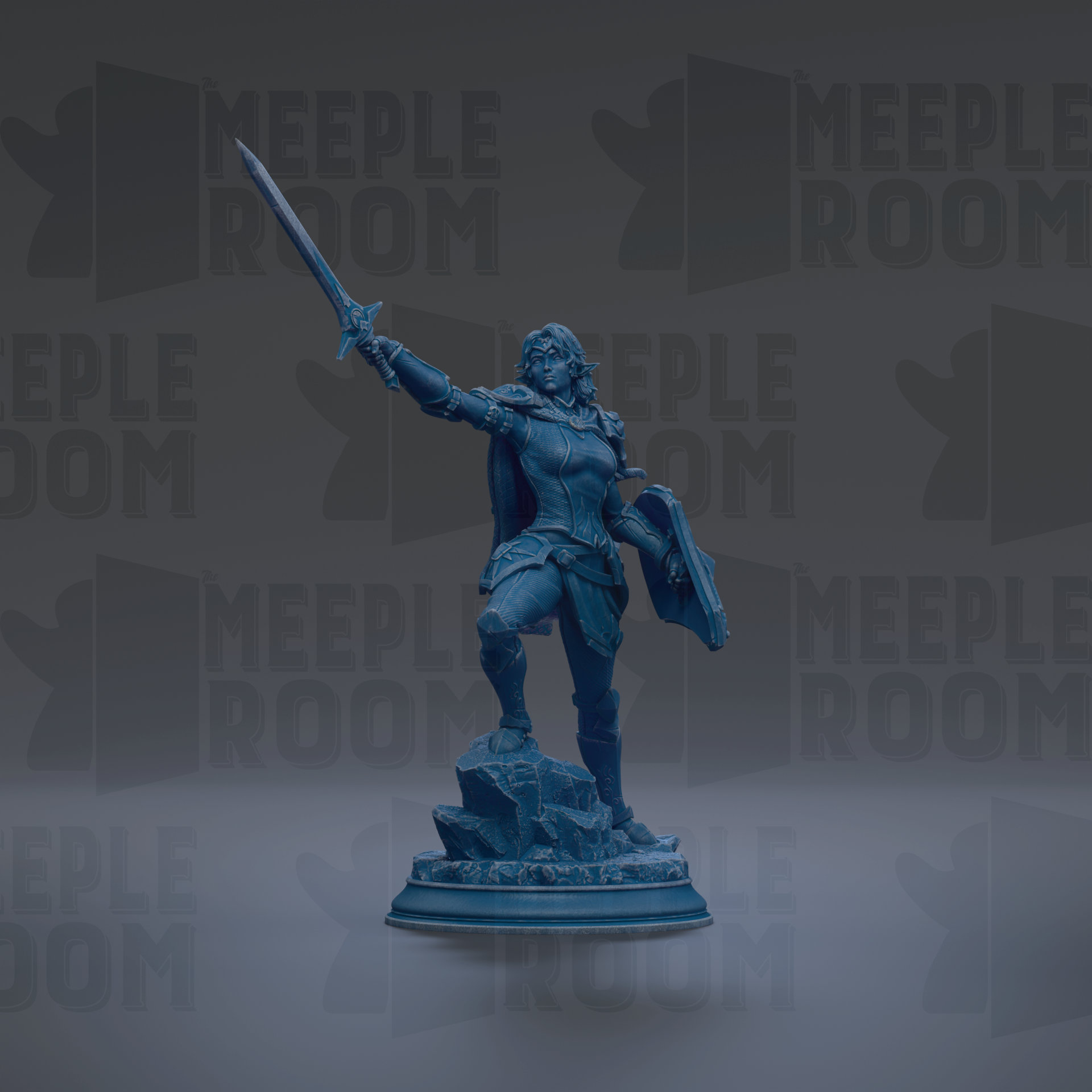 A blue statue of a woman holding a shield and sword stands on a pedestal against a dark background with repeated "MEIPLLE ROOM" text.