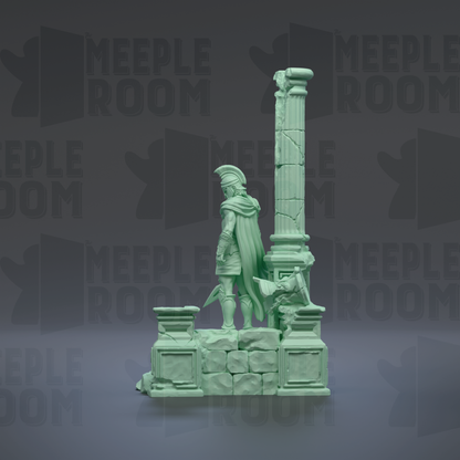 A green statue of a person standing on a pedestal, with a column and a pillar nearby, against a dark background with repeated text.