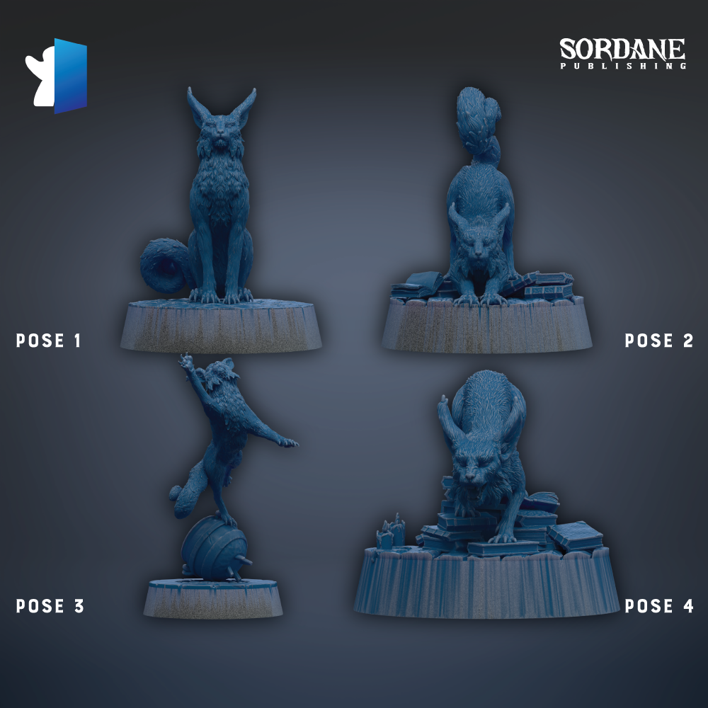 four different poses of a figurine, each on a separate pedestal. The poses include a standing figure, a crouching figure, a leaping figure, and a crouching figure with books.