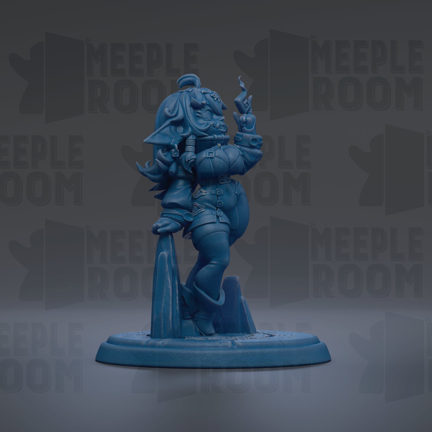 A blue figurine of a character with a unique hairstyle and attire, standing on a base.
