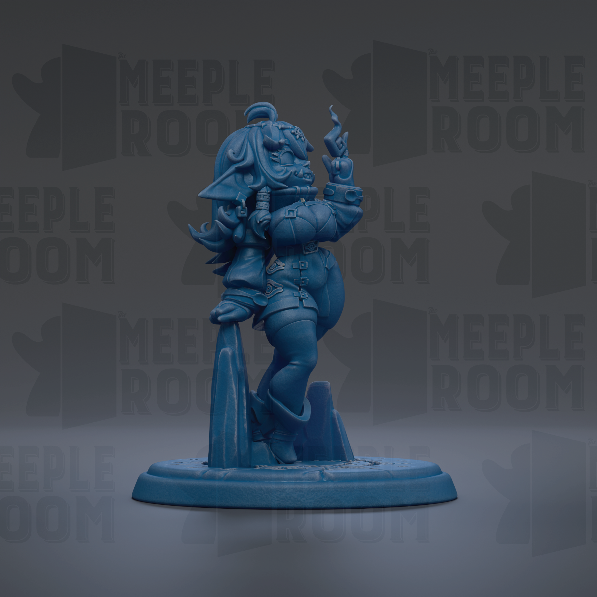 A blue figurine of a character with a unique hairstyle and attire, standing on a base.
