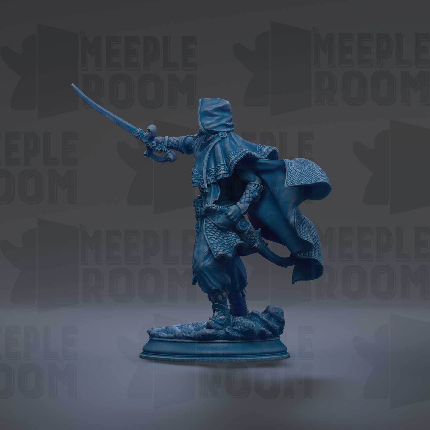 A blue statue of a person holding a sword and wearing a hooded cloak, standing on a pedestal against a dark background with repeated text.