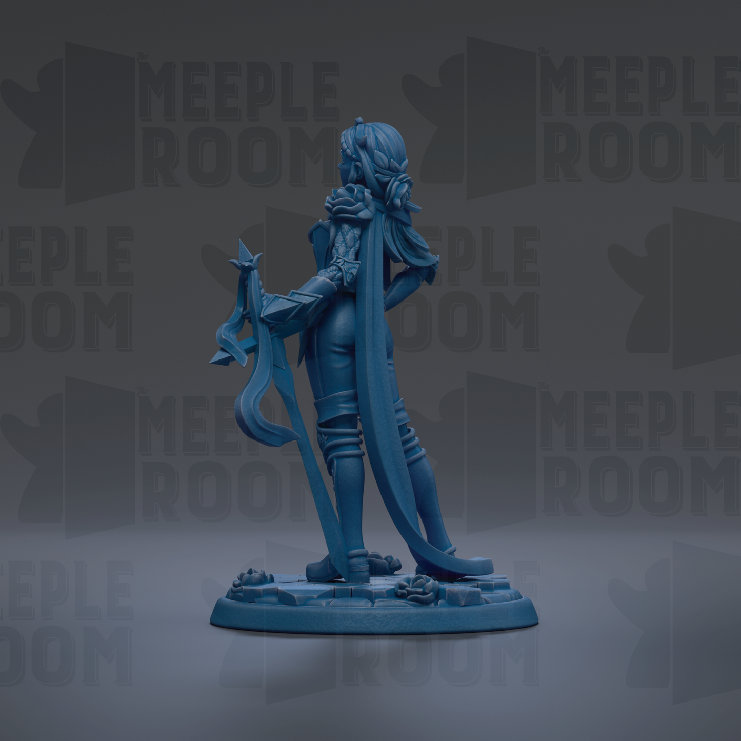 A blue figurine of a person standing on a base, with the text "MEUPLE ROOM" repeated in the background.