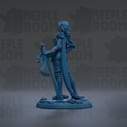 A blue figurine of a person standing on a base, with the text "MEUPLE ROOM" repeated in the background.