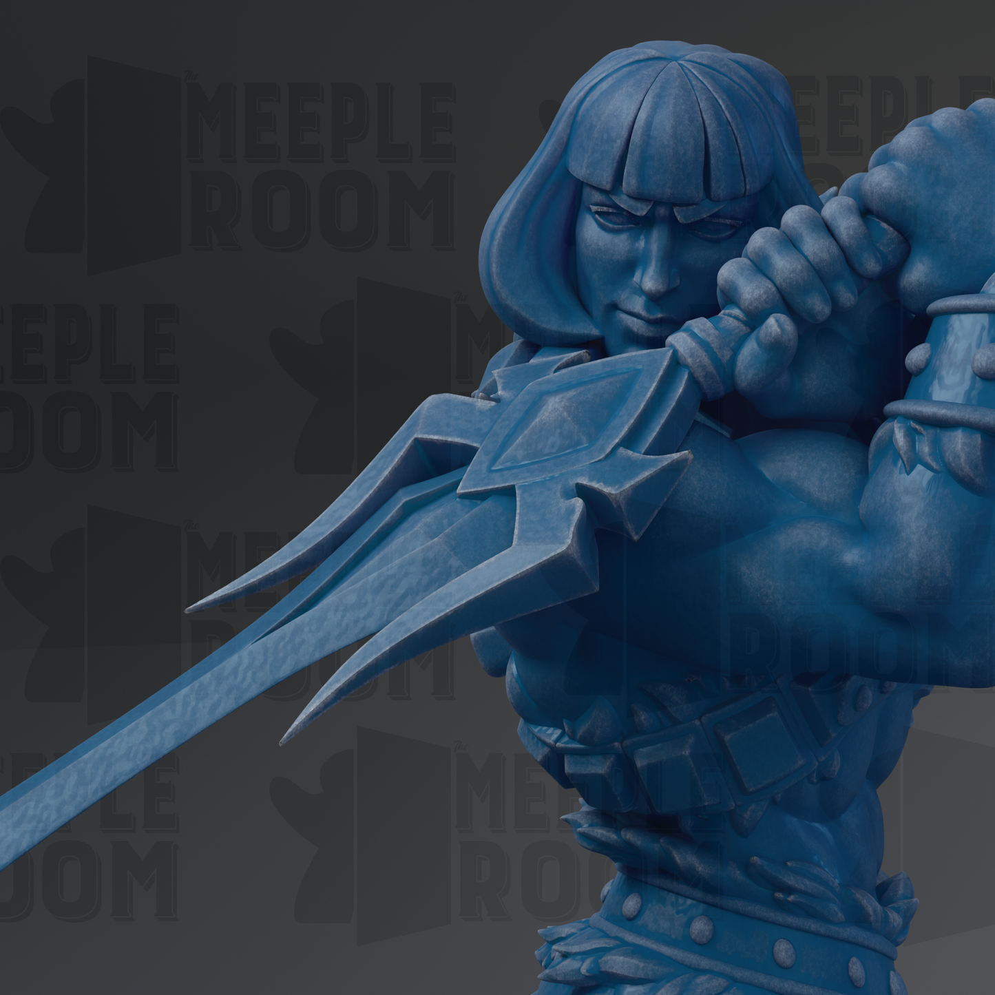 A close-up of a blue statue depicting a muscular, battle-ready figure wielding a large sword.