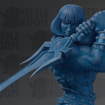 A close-up of a blue statue depicting a muscular, battle-ready figure wielding a large sword.