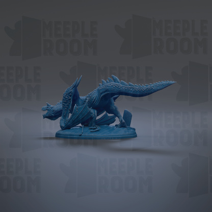 A blue dragon figurine is shown against a dark background with repeated text.