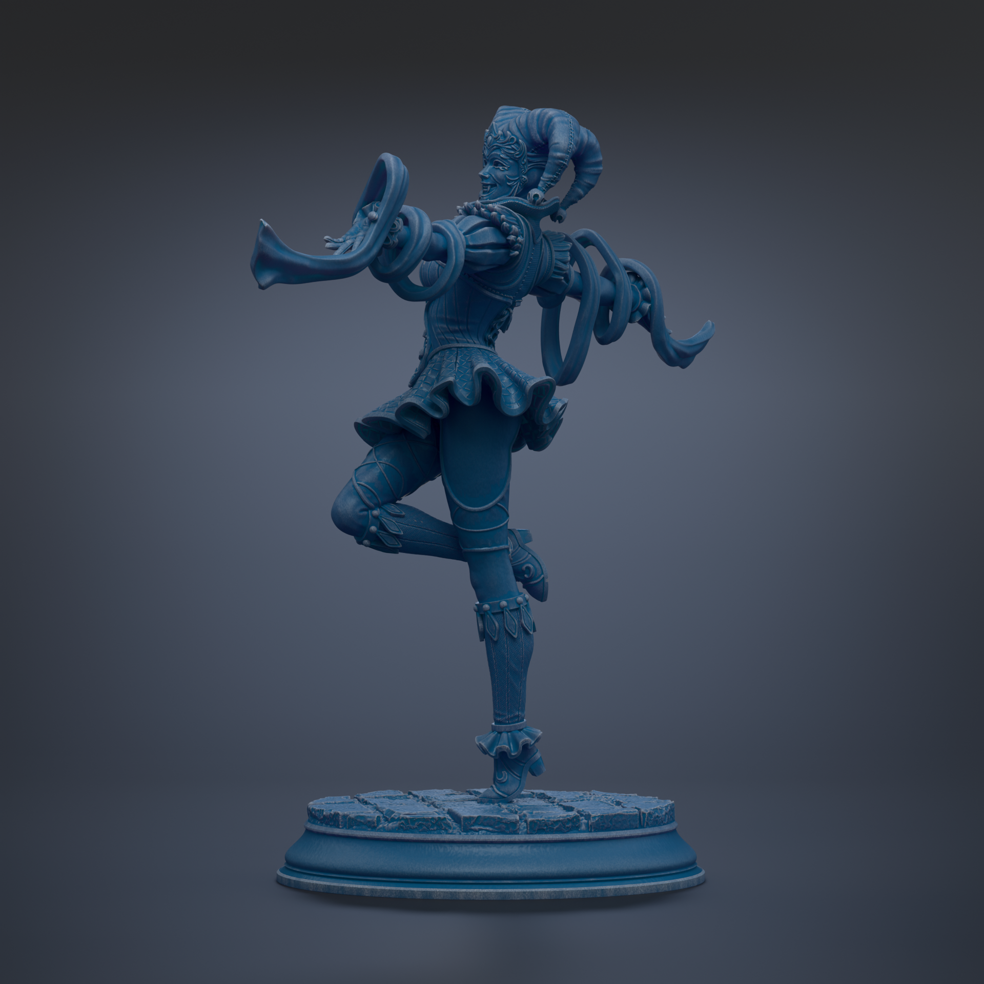 A blue statue of a dancing figure with horns and a flowing skirt, standing on a pedestal.