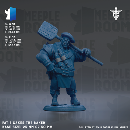 The image is a figurine of a baker, specifically Pat E Cakes the Baker, with a base size of 25mm or 50mm.