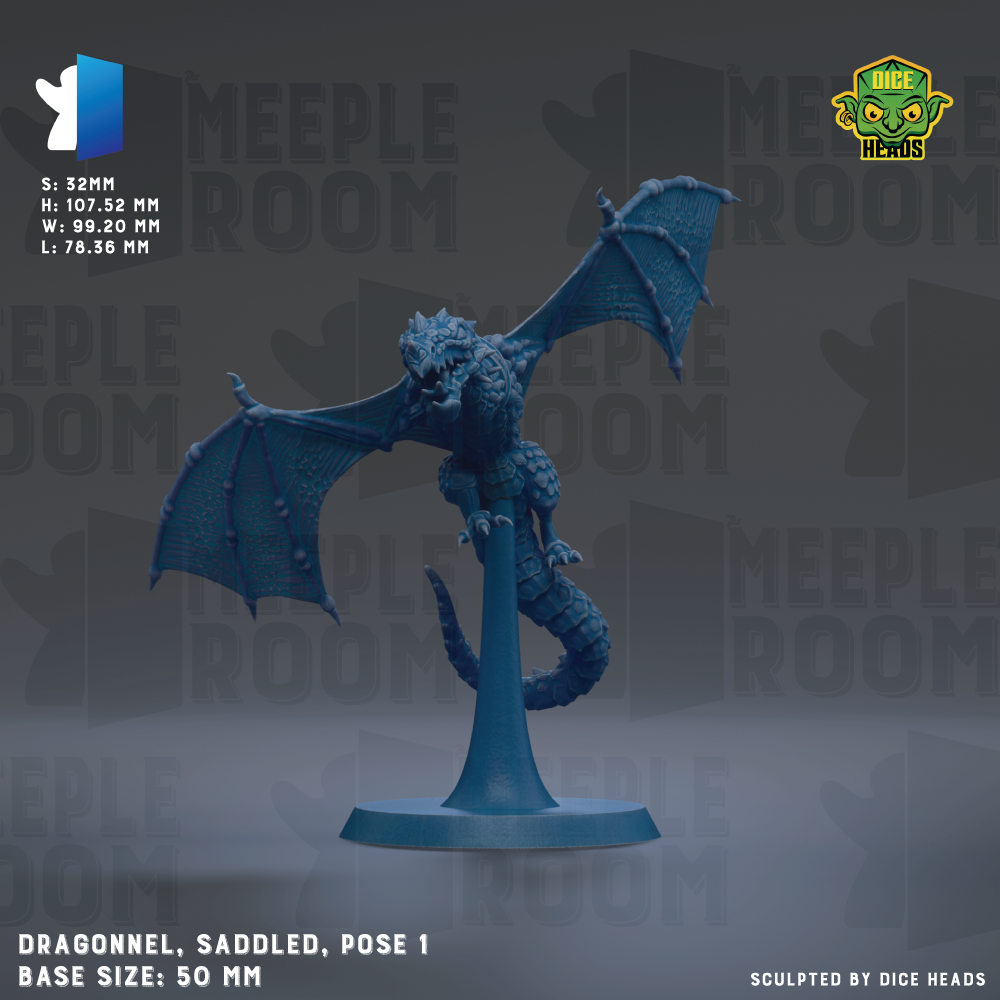 a blue dragon figurine, specifically a Saddled pose, with wings spread wide. The dragon is posed on a stand, and the base size is 50mm. The image is a digital rendering of the dragon, and it is a part of the Meeple Heroes series.