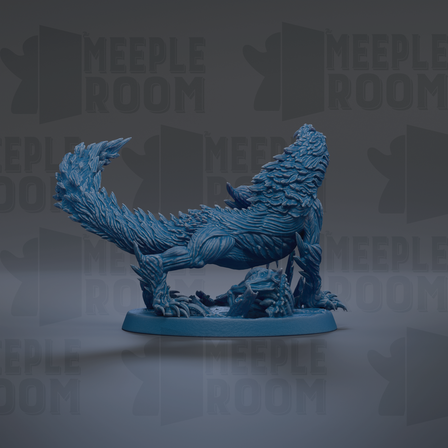A blue, 3D-rendered fantasy creature resembling a dragon or serpent, with intricate details and textures, is displayed against a dark background with repeated text.