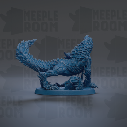 A blue, 3D-rendered fantasy creature resembling a dragon or serpent, with intricate details and textures, is displayed against a dark background with repeated text.