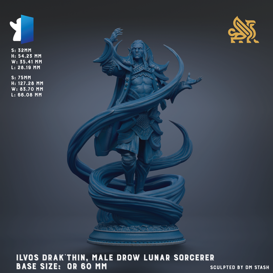 a male character with long hair, wearing a flowing robe and wielding a staff, standing on a pedestal. The character appears to be a male wizard or magical being, possibly a dragon or unicorn. The image is in a blue color scheme, and the character is shown in a dynamic pose, with one arm raised and the other extended. The image does not contain any text or other discernible objects, and the character is the sole focus of the image.