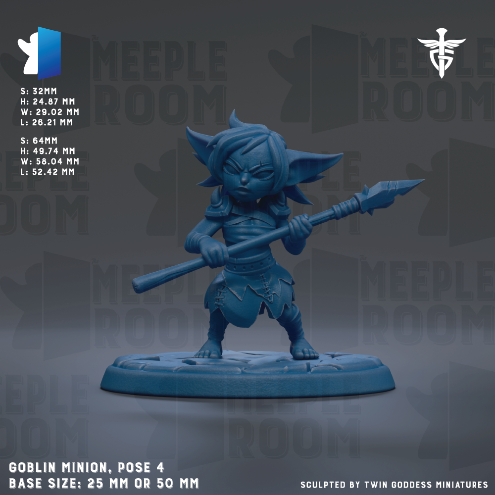 a blue figurine of a character, likely a dwarf or elf, holding a spear and standing on a base. The figurine is described as a "Goblin Minion" and is shown in a pose with the spear held in front of it. The base size of the figurine is either 25mm or 50mm. The image is a collage of multiple images, and the phrase "The image depicts" or "The image displays" is not used. The phrase "The image captures" or "The image features" is not used either.