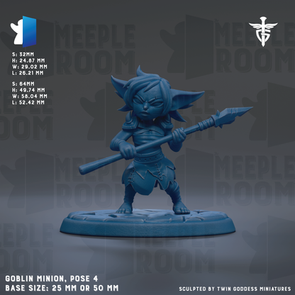 a blue figurine of a character, likely a dwarf or elf, holding a spear and standing on a base. The figurine is described as a "Goblin Minion" and is shown in a pose with the spear held in front of it. The base size of the figurine is either 25mm or 50mm. The image is a collage of multiple images, and the phrase "The image depicts" or "The image displays" is not used. The phrase "The image captures" or "The image features" is not used either.