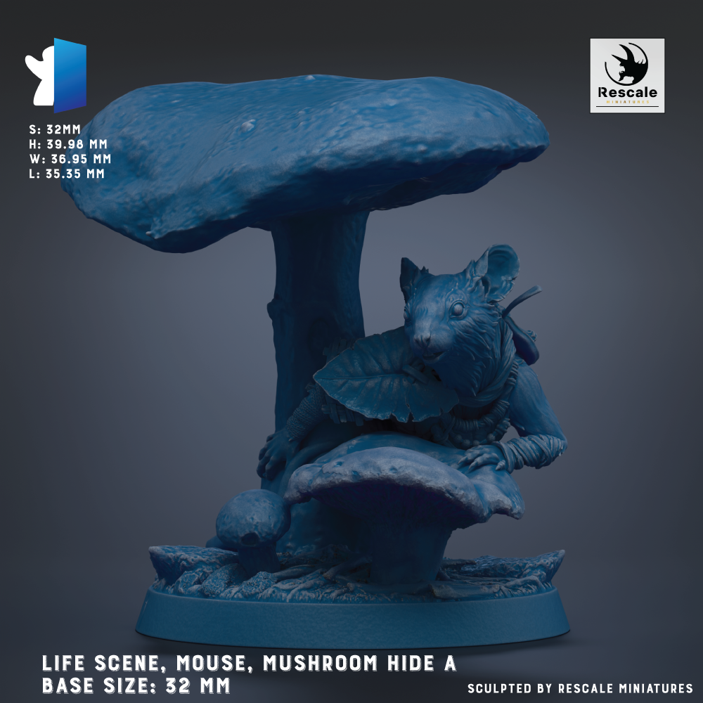 The image is a figurine of a mouse hiding inside a mushroom, with the mushroom serving as a base for the mouse. The figurine is blue in color and appears to be crafted from a material that resembles clay or porcelain. The image is described as a life scene, a mouse, a mushroom hide, and a base size of 32 mm.