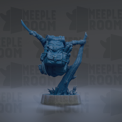 A blue statue of a person with a backpack, standing on a rock and holding a sword, against a dark background with repeated text.