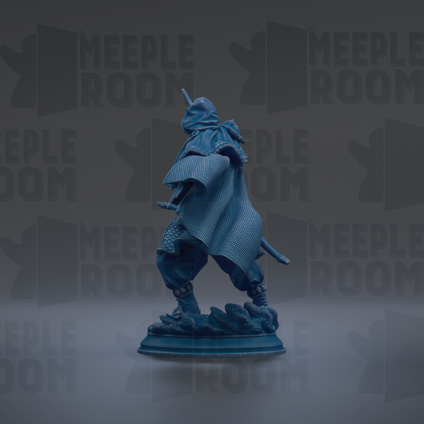 A blue figurine of a warrior figure, possibly a knight or samurais, is depicted in a dynamic pose, standing on a base and holding a sword.