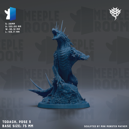 A 3D model of a blue dragon-like creature with spikes on its head and body, standing on a rock formation. The image is labeled with the text "TODACH, pose 3 BASE SIZE: 75 MM" and "SMEPLE ROOM".