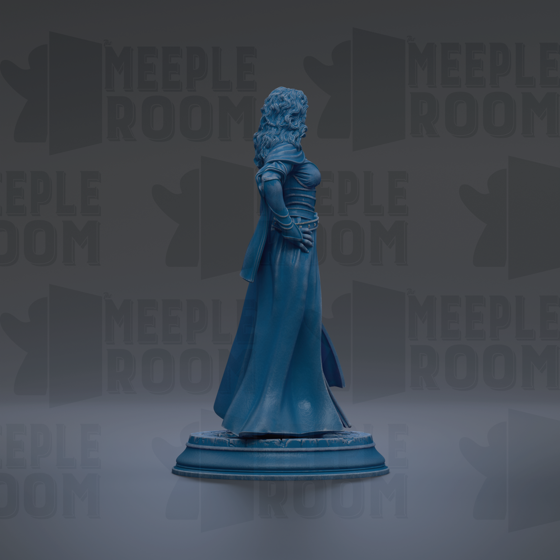 A blue statue of a woman with a flowing dress stands on a pedestal against a dark background with repeated "MEIPLLE ROOM" text.