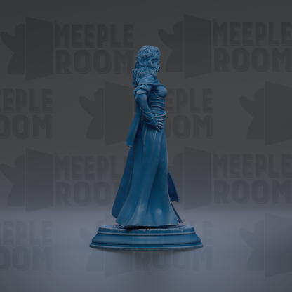 A blue statue of a woman with a flowing dress stands on a pedestal against a dark background with repeated "MEIPLLE ROOM" text.