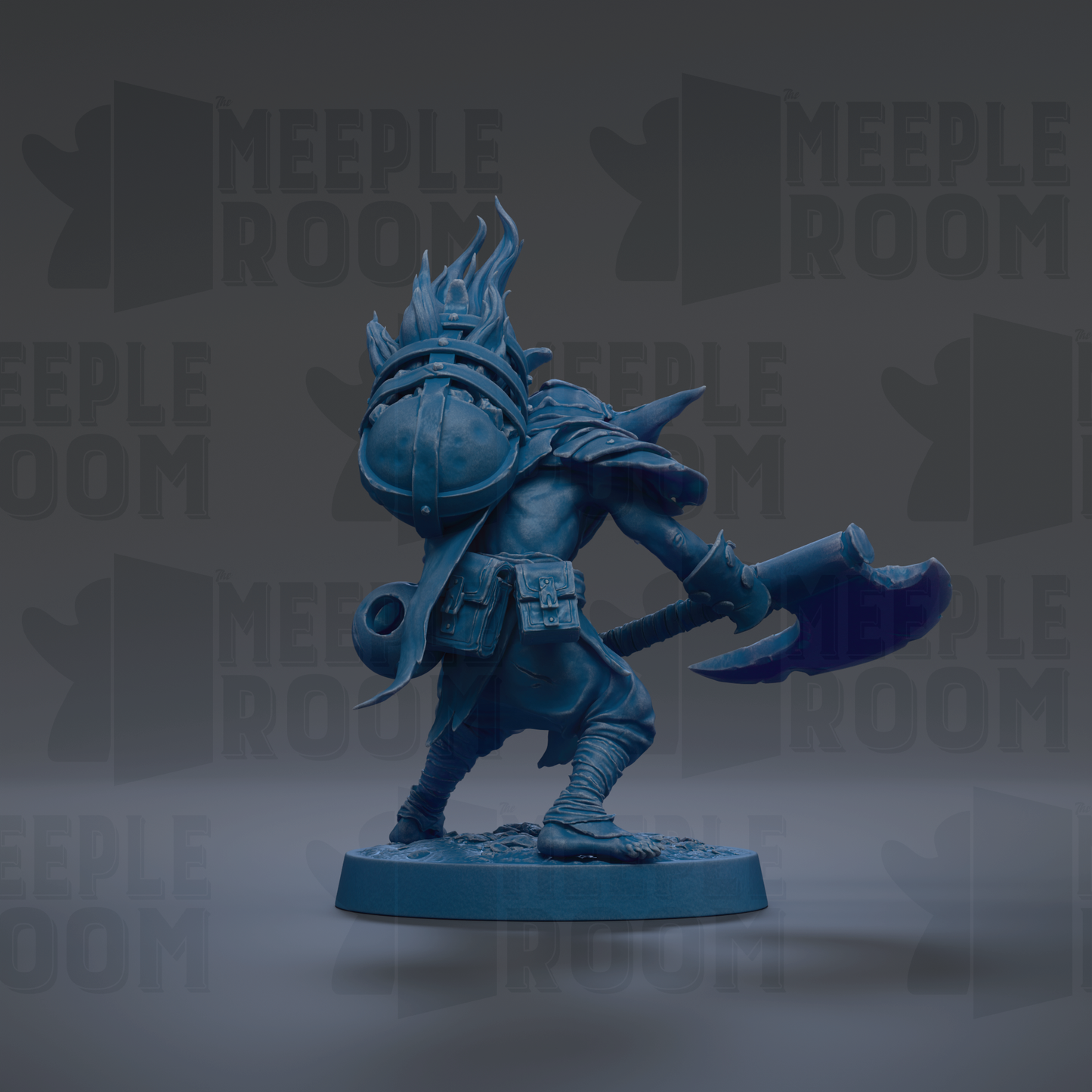 A blue figurine of a warrior wielding a sword and shield, standing on a base and facing to the right.