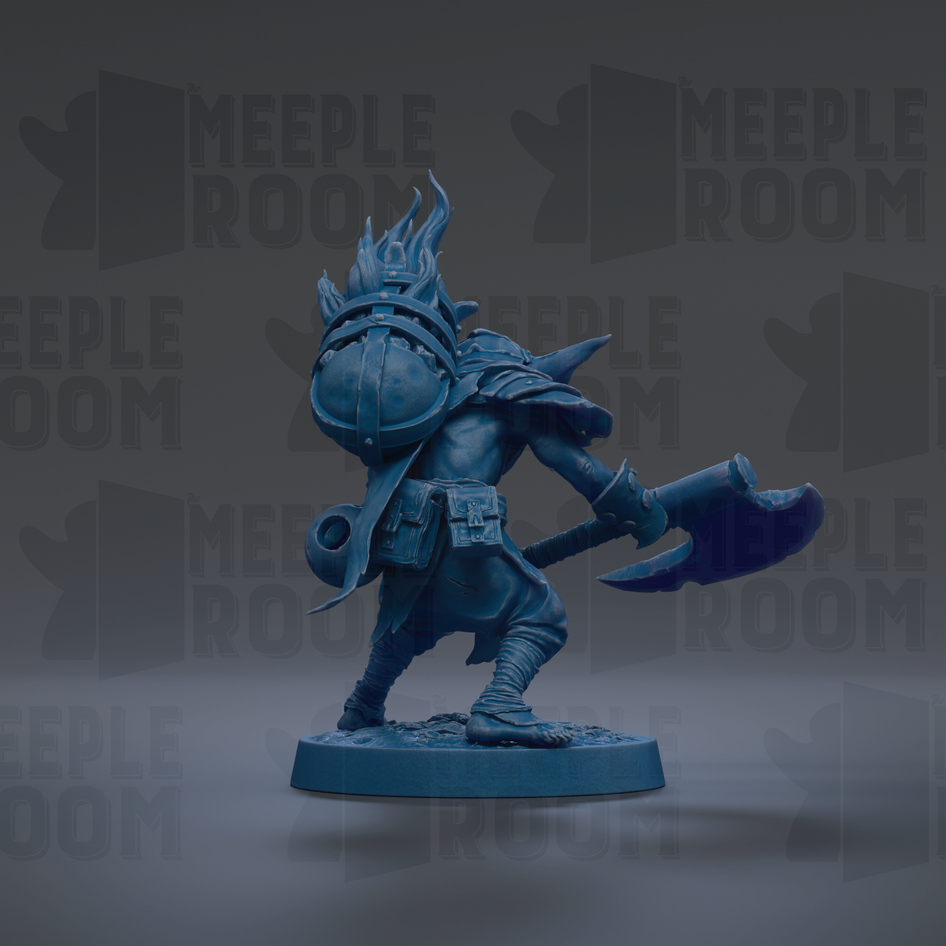 A blue figurine of a warrior wielding a sword and shield, standing on a base and facing to the right.
