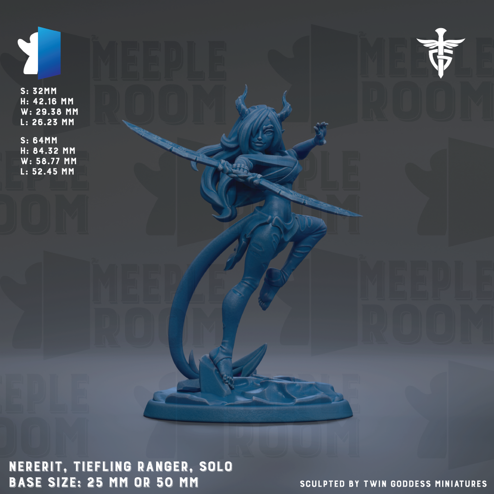 The image is a figurine of a female character, specifically a Tiefling Ranger, with horns and a tail. The figurine is blue in color and is depicted in a dynamic pose, holding a sword in one hand and a shield in the other. The figurine is described as a "Nerrit, Tiefing Ranger, Solo" and is shown in a base size of 25mm or 50mm. The image is a part of a larger collection, as indicated by the text "SCHULPTED BY TWIN GODESS MINIATURES".