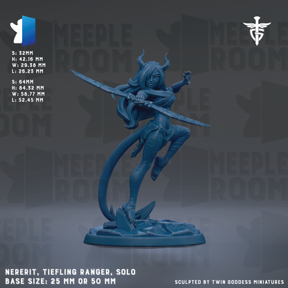 The image is a figurine of a female character, specifically a Tiefling Ranger, with horns and a tail. The figurine is blue in color and is depicted in a dynamic pose, holding a sword in one hand and a shield in the other. The figurine is described as a "Nerrit, Tiefing Ranger, Solo" and is shown in a base size of 25mm or 50mm. The image is a part of a larger collection, as indicated by the text "SCHULPTED BY TWIN GODESS MINIATURES".