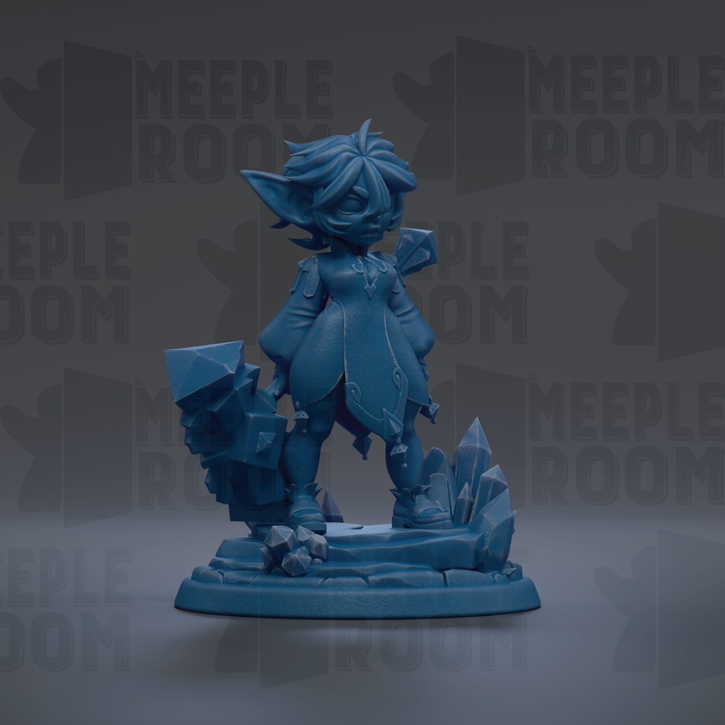 A blue figurine of a character with a pointed hat and flowing robes stands on a base with crystals and rocks, against a dark background with repeated text.