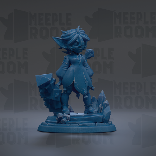 A blue figurine of a character with a pointed hat and flowing robes stands on a base with crystals and rocks, against a dark background with repeated text.