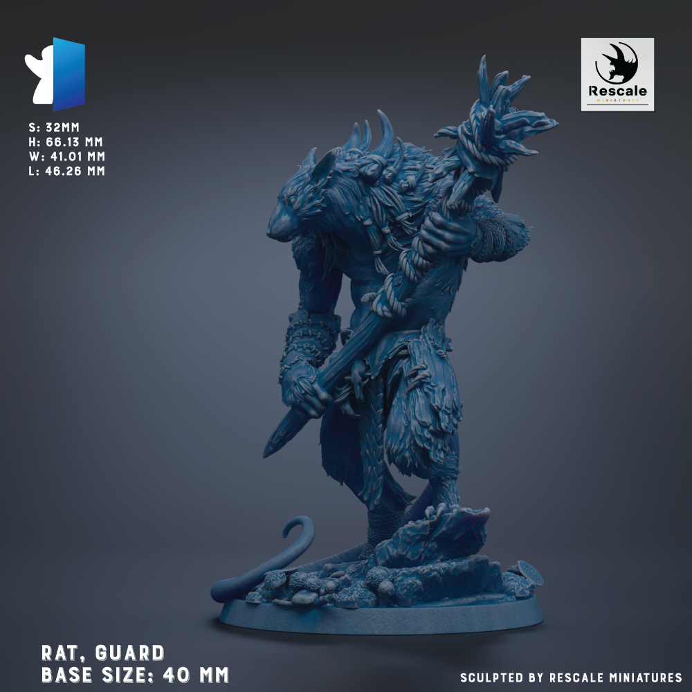 a detailed figurine of a rat-like creature, possibly a guard or guardian, standing on a rocky base. The figurine is shown in a dynamic pose, holding a weapon and standing on a rock formation. The image is described as a "Rescale" figurine, which suggests that it is a custom-made or sculpted piece. The figurine is described as having a "base size of 40 mm" and is shown in a close-up view, highlighting its intricate details and craftsmanship.