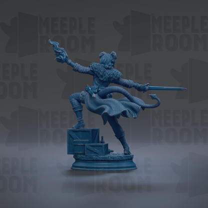 A blue statue of a person with a flowing cape and holding a sword stands on a pedestal against a dark background with repeated text.