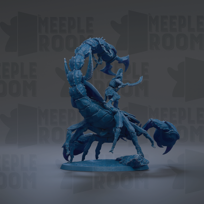 A blue, 3D-rendered figurine of a large, menacing-looking creature with sharp teeth and claws, standing on a rock formation.
