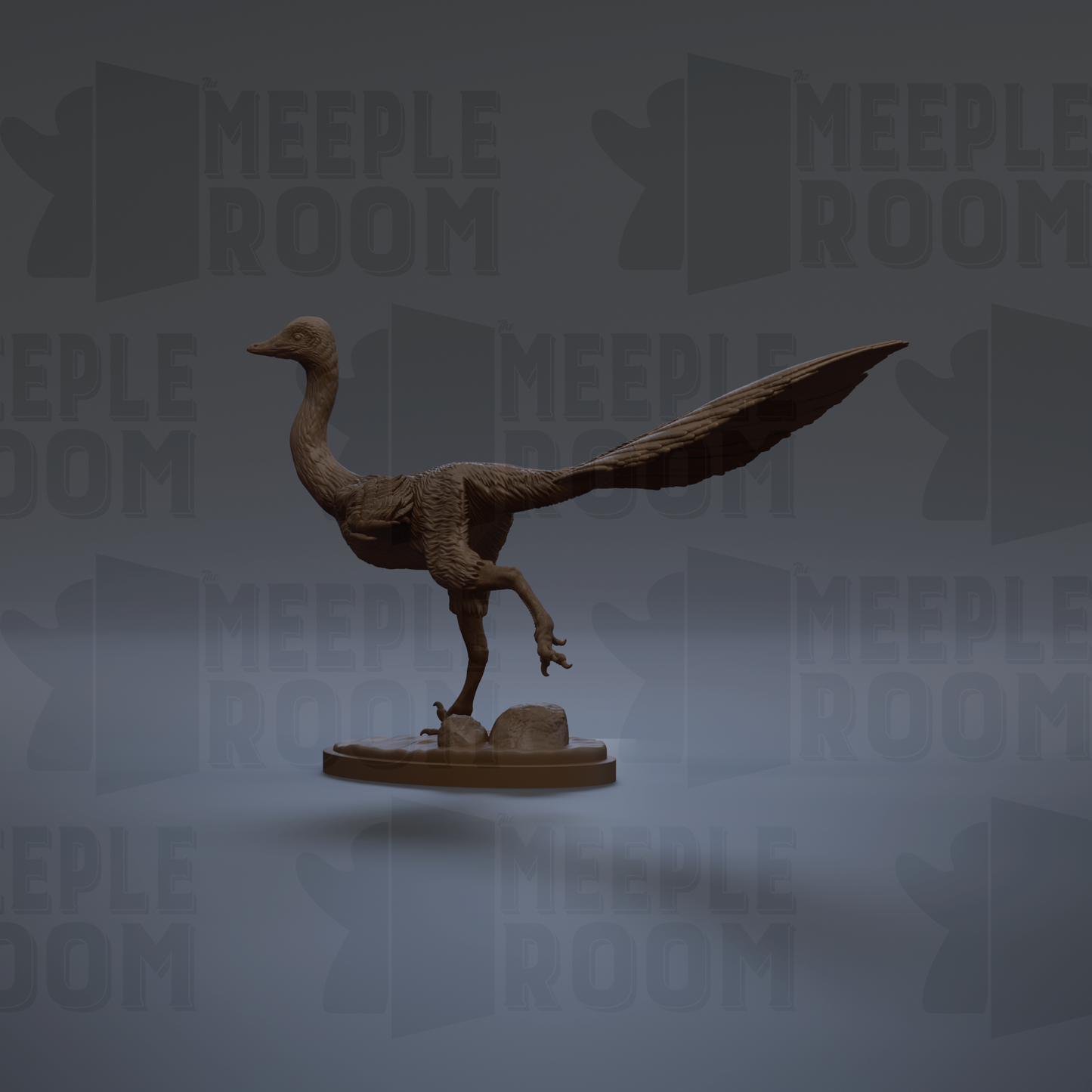 A 3D rendering of a dinosaur-like creature with a long neck and tail, standing on a platform.