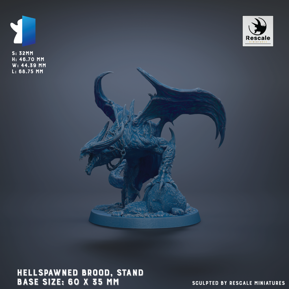 A 3D model of a Hellspawned Brood, a type of fantasy creature, is shown in a 3D rendering against a dark background. The model is described as a "Hellspawned Brood" and is "stand" in size, with a base size of 60 x 35 mm. The image is a 3D rendering of the model, and it is described as being "sculpted by Rescue miniatures".