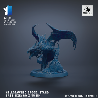 A 3D model of a Hellspawned Brood, a type of fantasy creature, is shown in a 3D rendering against a dark background. The model is described as a "Hellspawned Brood" and is "stand" in size, with a base size of 60 x 35 mm. The image is a 3D rendering of the model, and it is described as being "sculpted by Rescue miniatures".