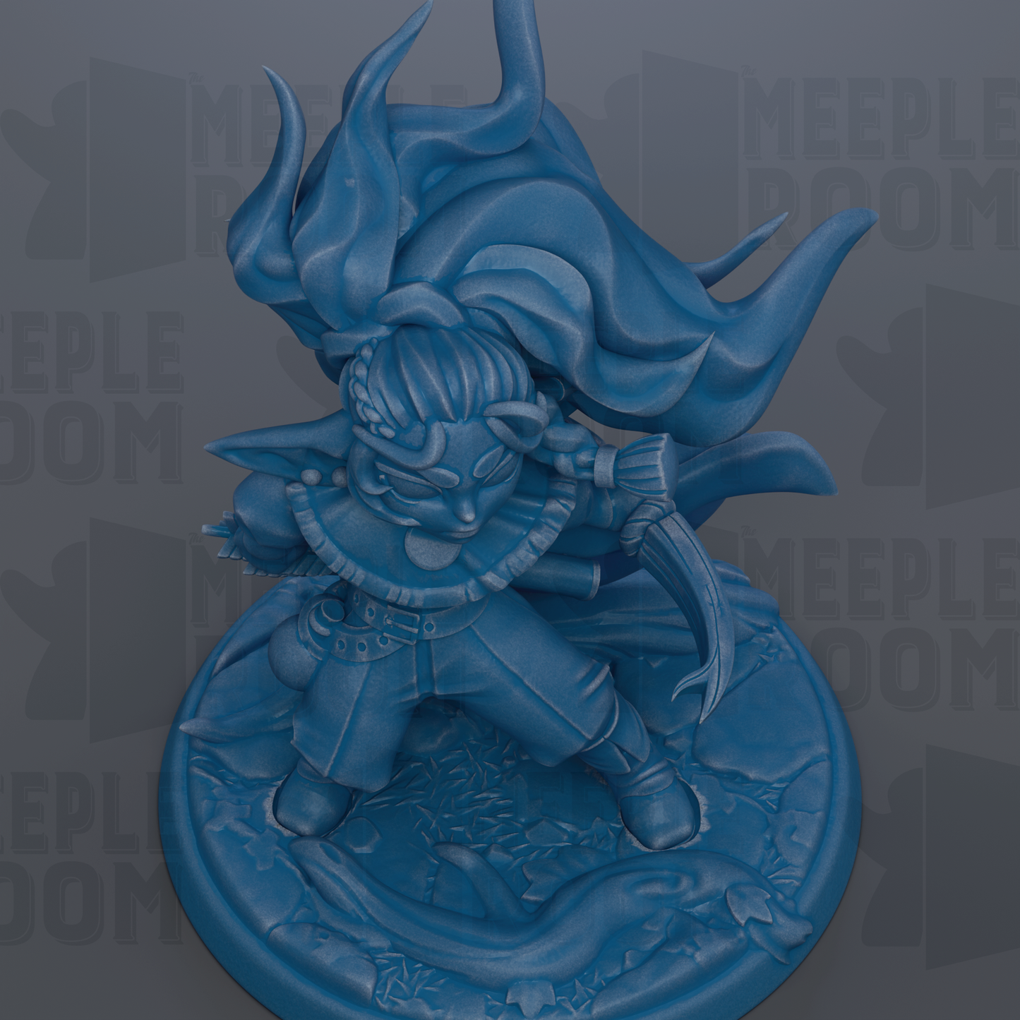 A blue figurine of a character with flowing hair and a flowing cape, standing on a base with a textured surface.