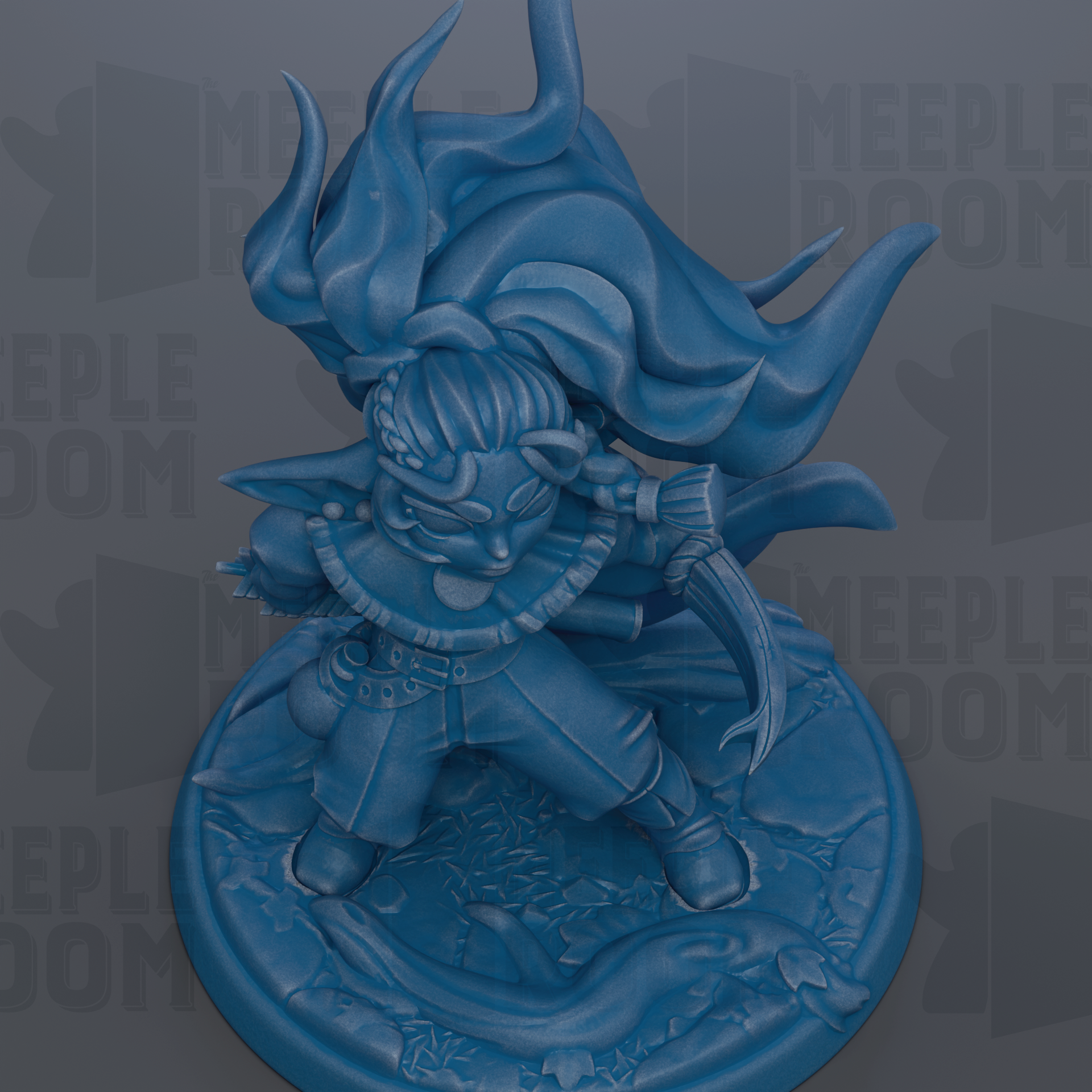A blue figurine of a character with flowing hair and a flowing cape, standing on a base with a textured surface.
