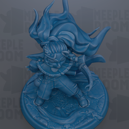 A blue figurine of a character with flowing hair and a flowing cape, standing on a base with a textured surface.