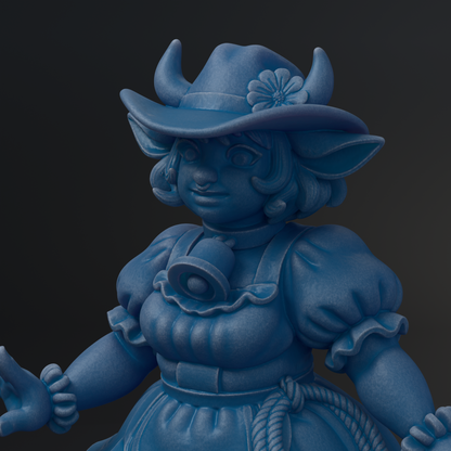 A blue, cartoonish statue of a young girl with horns and a flower on her hat, wearing a dress and a bell around her neck.
