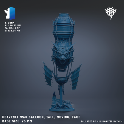 The image is a 3D model of a tall, moving, and face-like war balloon sculpture. The base size of the sculpture is 75 millimeters.