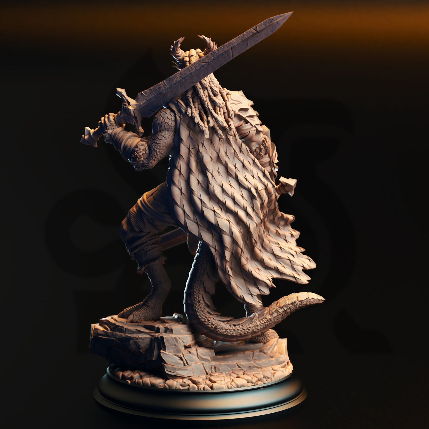 A detailed 3D model of a dragon-like creature holding a sword and standing on a rock formation.