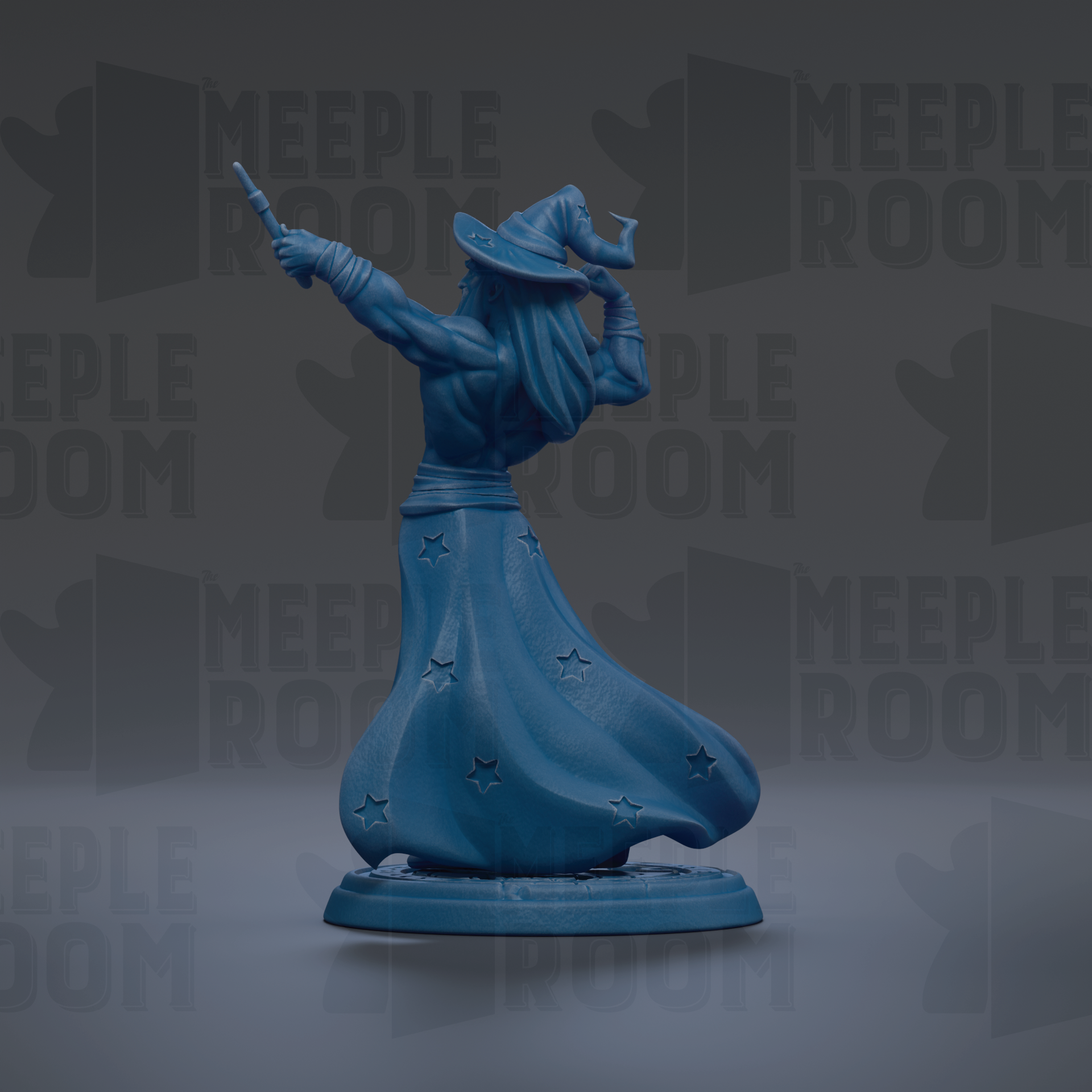 A blue figurine of a wizard with a flowing robe and hat, holding a wand, is the central focus of the image.