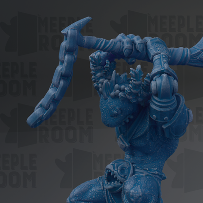 A close-up of a blue, armored figure holding a weapon, with the text "MEUPLE ROOM" repeated in the background.