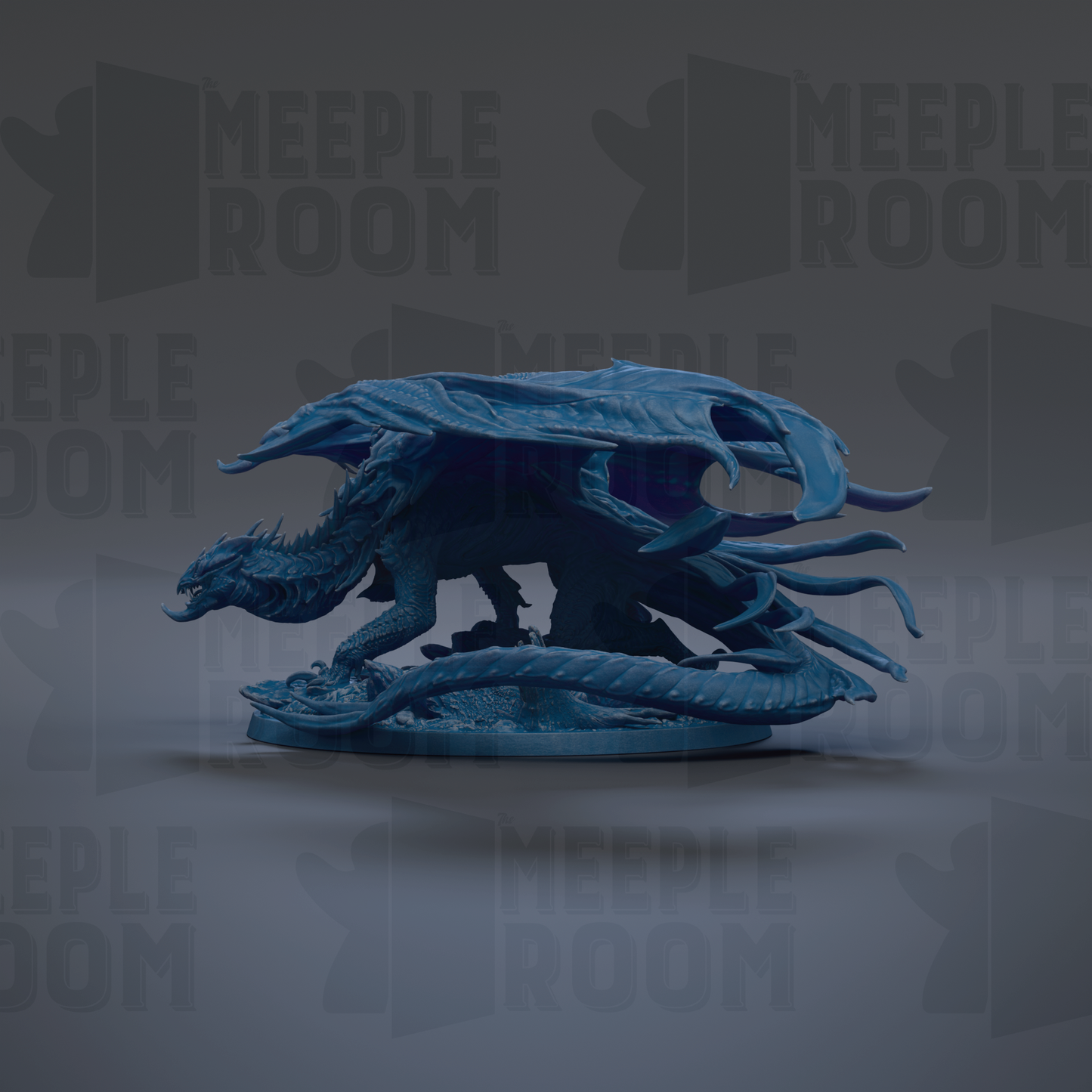 A blue dragon figurine is displayed against a dark background with repeated text.