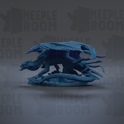 A blue dragon figurine is displayed against a dark background with repeated text.