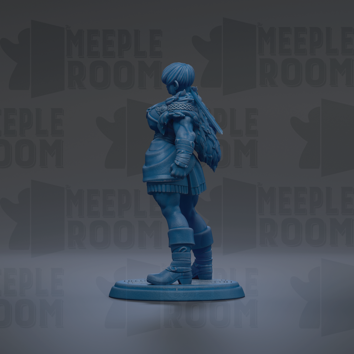 A blue figurine of a person standing on a platform against a dark background with repeated text.