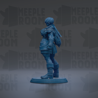 A blue figurine of a person standing on a platform against a dark background with repeated text.